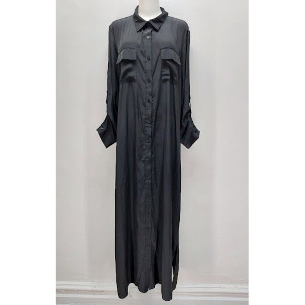 Lola & Sophie Maxi Shirt Dress Women's XL Black Roll Tab Sleeve Utility Dark